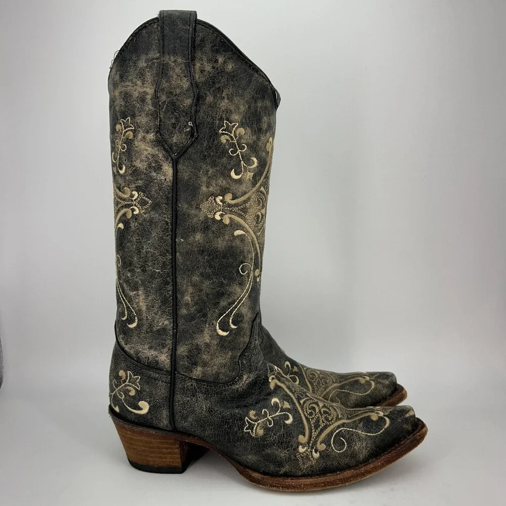 Circle G Boots Womens Size 7.5 L5048 Embroidered Crackle Western Cowgirl Leather